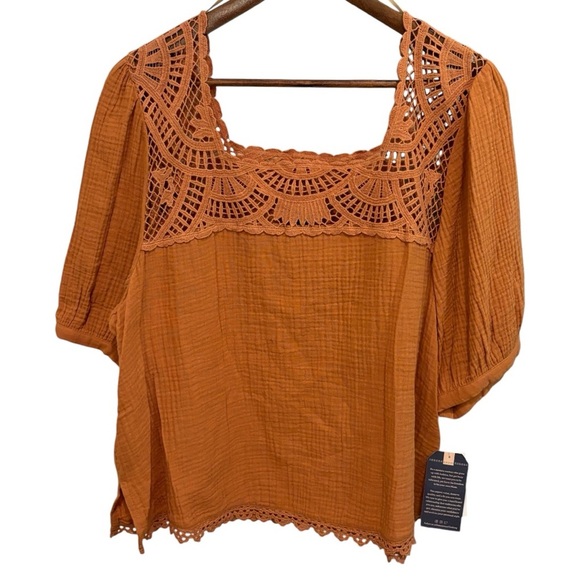 Democracy Above Elbow Bubble Sleeve Square Crochet Neck Woven Top Sz  XL - Picture 3 of 12